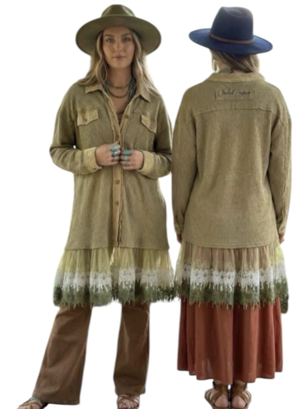 Jaded Gypsy L/XL Olive Waffle Knit Duster/Dress Lace Trim Hem GORGEOUS - Picture 2 of 12